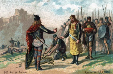 Rainfroy (Rainfroi), assediato da Carlo Martello ad Angers, capitola, circa 717. Cromolitografia intorno al 1890.