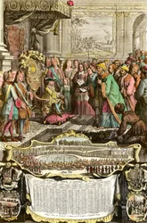 Ricevimento di Mehemet Effendi ambasciatore turco del grande Sultano Achmet da Luigi XV il 21 marzo 1721 alle Tuileries. Incisione del XVIII secolo. Collezione privata.