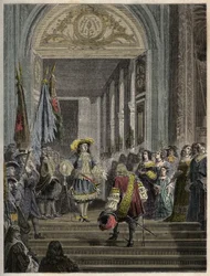 Ricevimento del Gran Condé a Versailles da parte di Luigi XIV - scala degli ambasciatori - incisione in 