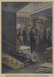 Ricostruzione di un omicidio in Rue Saint-Maur, Parigi (litografia a colori)