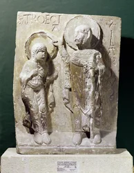 Rilievo raffigurante San Ilario di Poitiers (320-368) che benedice San Triaise, c.1150