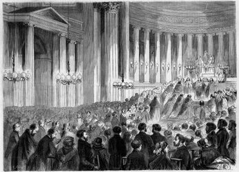 Cerimonia religiosa, Parigi, Natale 1857: celebrazione della Messa di mezzanotte nella chiesa della Madeleine. Incisione in "Le Monde Illustré" n.38 del 2 gennaio
