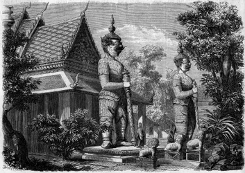 Architettura religiosa: vista esterna di una pagoda a Bangkok (Siam) nel 1861. Incisione in "Le Monde Illustré" n.223 del 20 luglio 1861