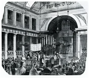 Cerimonia religiosa alla vecchia sinagoga di Parigi per Rosh Hashanah, illustrazione da Le Tableau de Paris di Edmond Texier, pubblicato a Parigi
