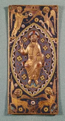 Placca reliquiario che raffigura Cristo con i simboli degli evangelisti (rame smaltato)