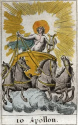 Rappresentazione di Apollo, dio del canto, della musica e della poesia, sul suo carro (Apollo, dio della luce, della musica e della poesia). Da «Mitologia della gioventù» di Pierre Blanchard, 1803.