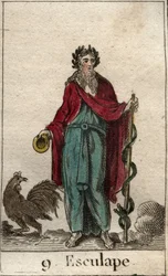 Rappresentazione di Asclepio, dio della Medicina, tiene in mano un bastone di Asclepio, un bastone di pellegrino su cui è avvolto un serpente, simbolo di conoscenza. Da 