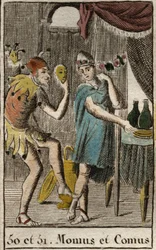 Rappresentazione di Comus, divinità dei buongustai e della cucina, presiede i banchetti, rappresentato appoggiato a un palo con una torcia e Momos, personificazione della derisione e del sarcasmo, rappresentato come un giullare di corte.