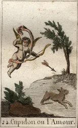 Rappresentazione di Cupido, o Amore, servitore di Venere, come un bambino bendato, che tende un arco. Da 