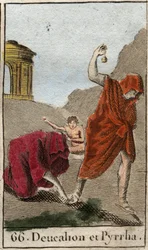 Rappresentazione di Deucalione e Pirra, gli unici sopravvissuti dopo il diluvio causato da Zeus per distruggere la razza umana. Temi dopo il diluvio chiede loro di camminare con la testa coperta gettando dietro di loro le ossa della loro madre (le pietre d
