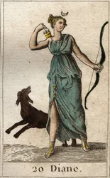 Rappresentazione di Diana, dea della caccia, tiene un arco e delle frecce. Da «Mitologia della gioventù» di Pierre Blanchard, 1803.