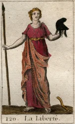 Rappresentazione della Libertà come una donna che tiene un cappello frigio e una picca. Da "Mythology of Youth" di Pierre Blanchard 1803.