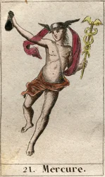 Rappresentazione di Mercurio, dio del commercio, dei viaggi e messaggero degli altri dèi. Tiene un caduceo e indossa un petaso. Da «Mitologia della gioventù» di Pierre Bla