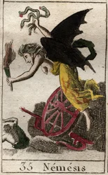 Rappresentazione di Nemesi, dea della vendetta, come donna alata che tiene una torcia; serpenti, ruota e timone indicano che inseguiva le sue vittime per mare e per terra