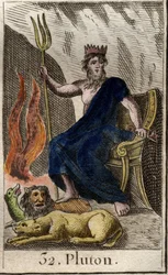 Rappresentazione di Plutone, dio degli Inferi, ai suoi piedi Cerbero, cane a tre teste, guardiano degli Inferi. Da "Mitologia della gioventù" di Pierre Blanchard 1803.