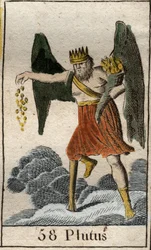 Rappresentazione di Pluto (Ploutos), dio della ricchezza: è incoronato e cieco e getta doni a caso. Da «Mitologia della gioventù» di Pierre Blanchard, 1803.