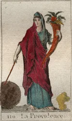 Rappresentazione della Provvidenza, come una vecchia donna, che tiene una cornucopia, un bastone e un globo. Da "Mythology of Youth" di Pierre Blanchard 1803.