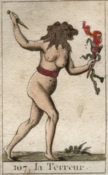 Rappresentazione del Terrore, come una donna con testa di leone, che tiene un coltello e serpenti. Da 