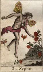 Rappresentazione di Zefiro, personificazione del vento occidentale. (Zefiro o Zeffiro, personificazione del vento occidentale). Da «Mitologia della gioventù» di Pierre Blanchard, 1803
