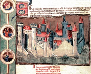 Rappresentazione di una città fortificata nella regione di Strasburgo. Miniatura su pergamena "Genealogia della Bibbia" (ms.199) XIV secolo Cremona, Biblioteca Governativa