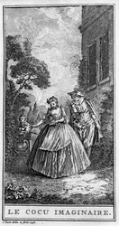 Rappresentazione di una scena del pezzo "Sganarelle o il cornuto immaginario" (1660) di Jean Baptiste Poquelin detto Molière. Incisione del 1738