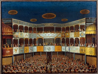 Rappresentazione del Malato Immaginario di Molière al Teatro di Minorca, Spagna; vista della sala e del pubblico