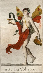 Rappresentazione della Voluttà, donna nuda coronata di rose, tiene una coppa o un serpente che versa un liquore delizioso. Da "Mythology of Youth" di Pierre Blanchard 1803.