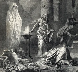Rappresentazione della strega di Endor (o Pythonessa di Endor), un villaggio cananeo menzionato nel primo libro di Samuele (Bibbia), che possiede un talismano con il quale evoca il fantasma del profeta Samuele recentemente deceduto, su richiesta di Saul