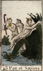 Rappresentazione del dio campestre Pan e dei satiri. Ha cosce pelose, piedi di capra e suona il flauto (Syrinx). Da 