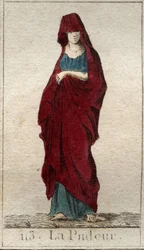 Rappresentazione della divinità della Modestia, una giovane donna con il volto coperto da un velo. Da 
