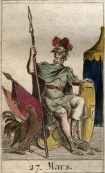 Rappresentazione del dio della guerra Marte, armato, vicino a un gallo. Da "Mythology of Youth" di Pierre Blanchard 1803.