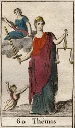 Rappresentazione della dea della Giustizia e della Legge, Temi, che tiene una bilancia e una spada. (Rappresentazione di Temi, dea della giustizia e della legge, bendata e con una bilancia e una spada). Da «Mitologia della gioventù» di Pierre Blanchard