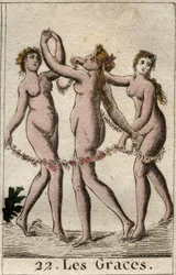 Rappresentazione delle tre Grazie: Aglaia, Talia ed Eufrosine, figlie di Venere e Bacco. Da "Mitologia della gioventù" di Pierre Blanchard 1803.
