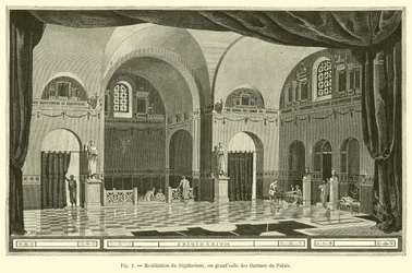 Ricostruzione del frigidarium, o grande sala delle terme del Palazzo