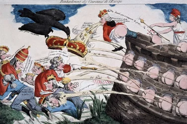 Rivoluzionari guidati da Marianne bombardano i sovrani europei con la loro merda. Vignetta pubblicata durante il periodo della Rivoluzione francese. Acquaforte. 1792. Musée Carnavalet