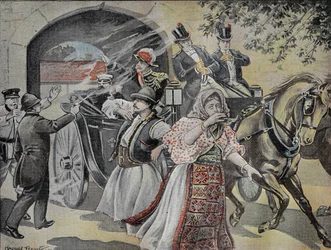 Attacco con revolver a Milan Obrenovich (1854-1901) ex re di Serbia (1882-1889) il 7 luglio 1899 per le strade di Sofia. Incisione in "Le Pelerin" 23/07/1899