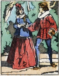 Riquet si presenta di nuovo alla principessa. Illustrazione per "Riquet a la houppe", racconto di Charles Perrault (1628-1703), scrittore francese. Incisione su legno di Imaging Pellerin - Epinal, fine XIX secolo