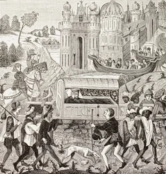Roberto I, duca di Normandia, trasportato nella sua lettiga, da "Military and Religious Life in the Middle Ages" di Paul Lacroix, pubblicato a Londra nel 1880 circa (litografia)