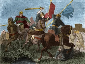 Roberto I di Francia (865-923), incoronato re dei Franchi nel 922, ucciso da un soldato di Carlo III: Incisione in "Histoire de France populaire" di Henri Martin. XIX secolo.