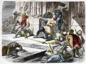 Roberto il Forte (circa 815-866), duca di Francia, durante la battaglia di Brissarthe nel 866, che oppose i Franchi a un esercito combinato di Bretoni e Vichinghi. Incisione in "Histoire De France En Cent Tableaux" di Paul Lehugeur, 1891