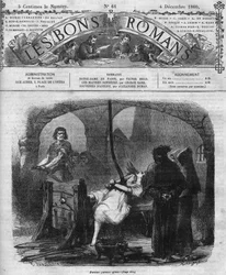 Romanzo a puntate: "Notre Dame de Paris" di Victor Hugo (1802-1885). Interrogatorio e tortura di Esmeralda. Incisione in "Les bons romances"
