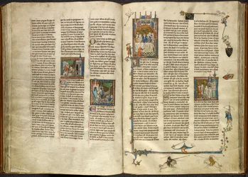 Lancelotto rimuove la testa del nonno decapitato, il re, da un pozzo bollente; un edificio crolla su due cavalieri. A destra, miniatura di Artù e Ginevra seduti a un banchetto, dall