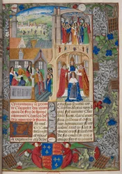 Royal 20 E. V, f.8 Incoronazione di Carlo VII, scene dalle «Chroniques de France ou de Saint Denis», 1487
