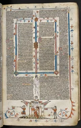 Scena di bas-de-page di un cavaliere a cavallo che emerge da un castello, c.1300-40