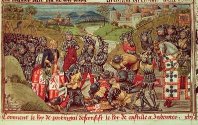 Royal Ms 14 E IV f.204: Giovanni I di Avis che batte Giovanni I di Castiglia nella Battaglia di Aljubarrota, Portogallo