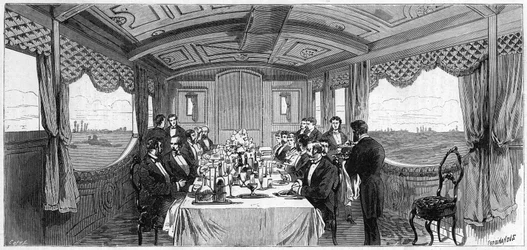 Treno imperiale russo usato dal Duca e dalla Duchessa di Edimburgo nel 1874: il vagone sala da pranzo. Incisione in "Le Monde Illustré" n.886 del 6 aprile 1874