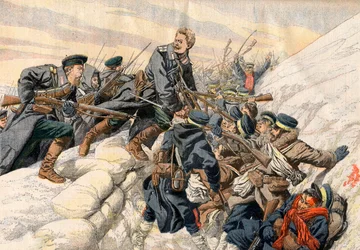 Guerra russo-giapponese - Combattimenti nelle trincee a Port Arthur, guerra russo-giapponese. La morte eroica del tenente russo Alexander - Nelle trincee di Port Arthur. Morte eroica del tenente russo Alexander. Illustrazione per Le Petit Journal