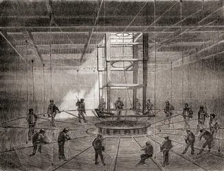 Marinai e operai che avvolgono il cavo telegrafico transatlantico nei serbatoi di sentina della S.S. Great Eastern