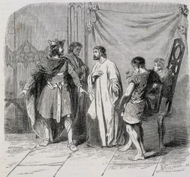 San Eloi e Dagoberto: Dagoberto fu stupito quando Eloi gli presentò la seconda poltrona - incisione XIX secolo