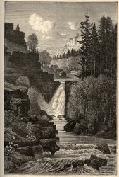 Saut du Doubs (cascata) Franche-Comté - incisione in "PATRIE" - DESCRIZIONE PITTORESCA DELLA FRANCIA IN 6 VOLUMI DI LUCIEN HUARD - fine XIX secolo
